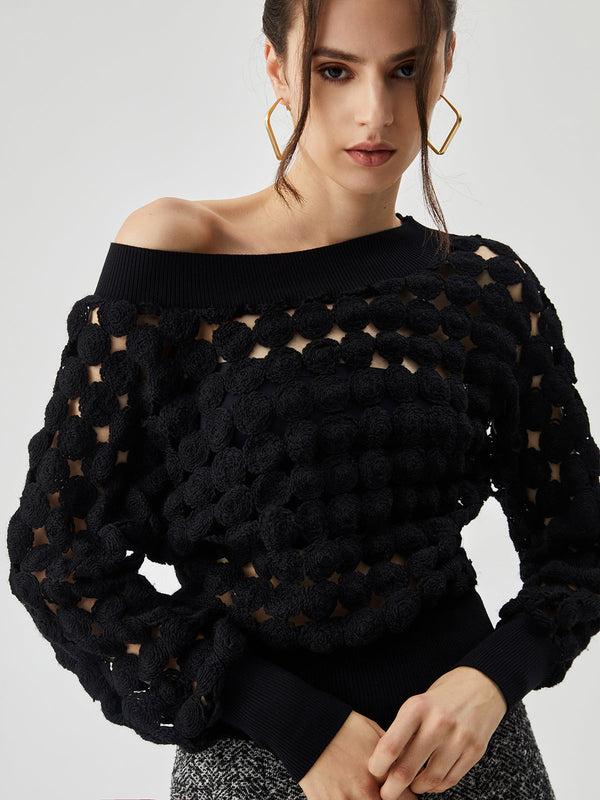 Sheer Crocheted Circle Hollow Off Shoulder T-Shirt