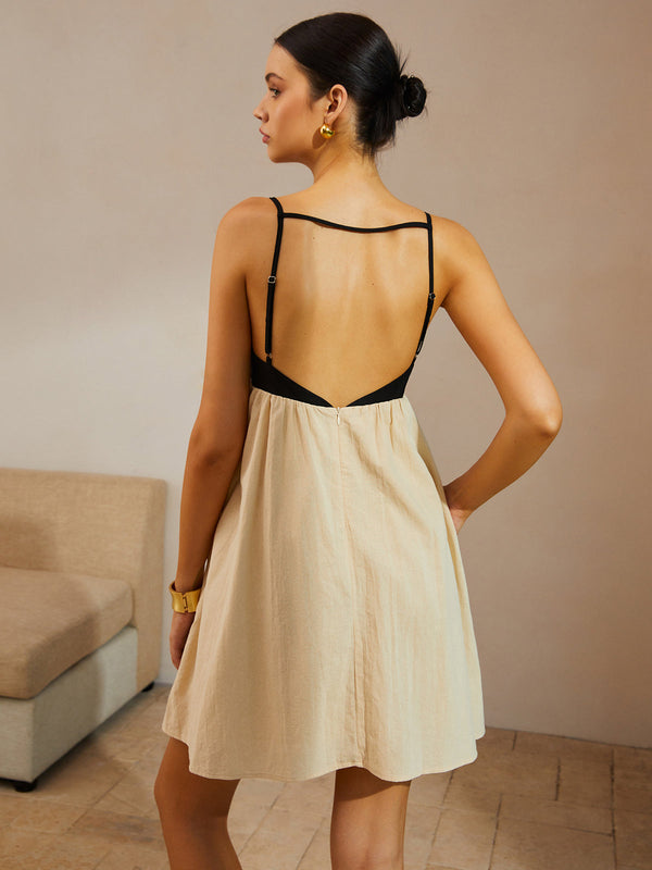 Color Block Backless Spaghetti Strap Short Dress