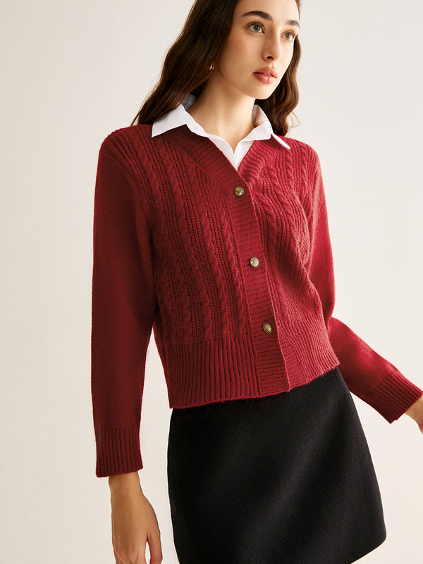 Contrast Collar Cable-Knit Short Cardigan