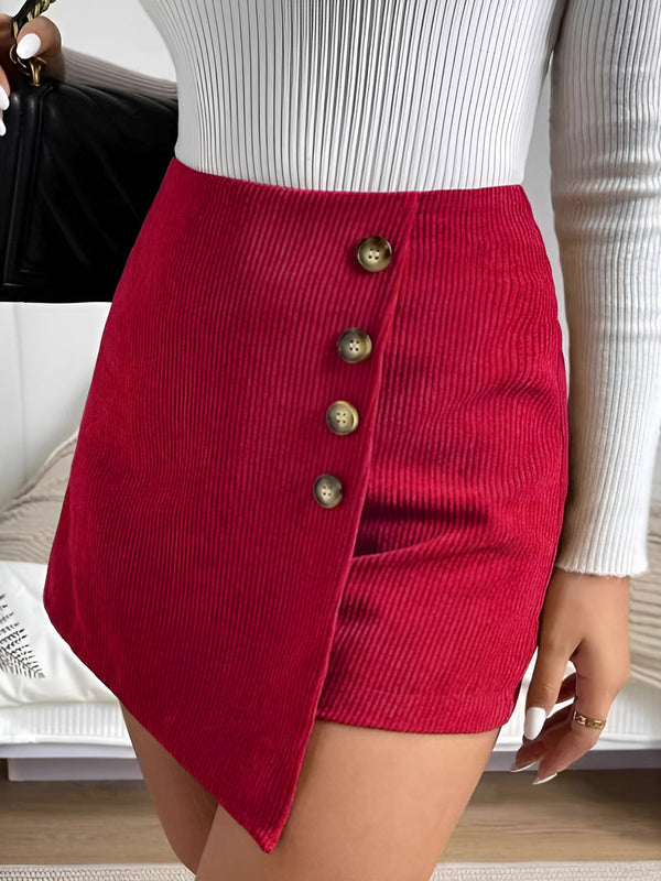 Button-Decor Corduroy Zipper Skort