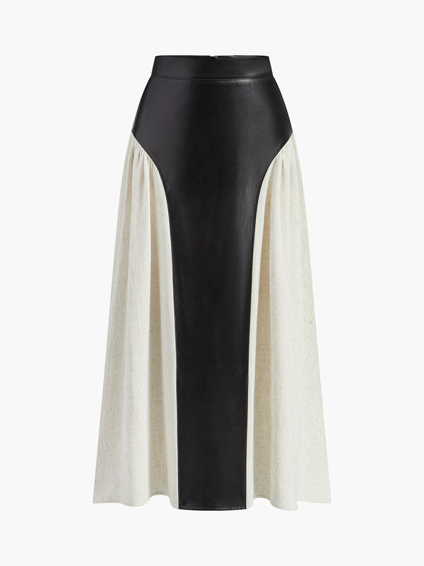 Color Block Pleated Faux Leather Panel Skirt