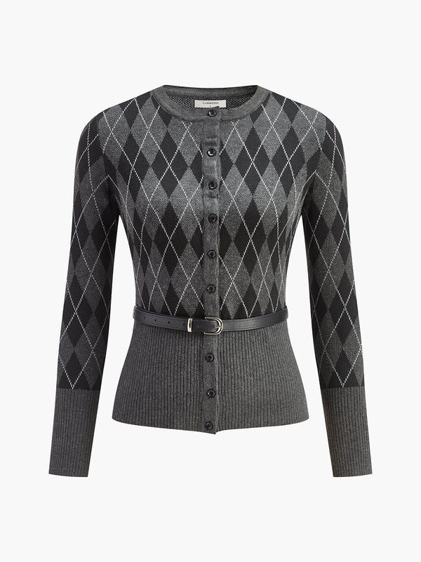 Rhombic Pattern Belted Button Cardigan