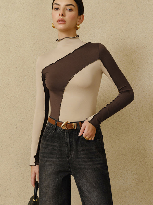 Semi-Sheer Color Block Lettuce Trim Jersey Top