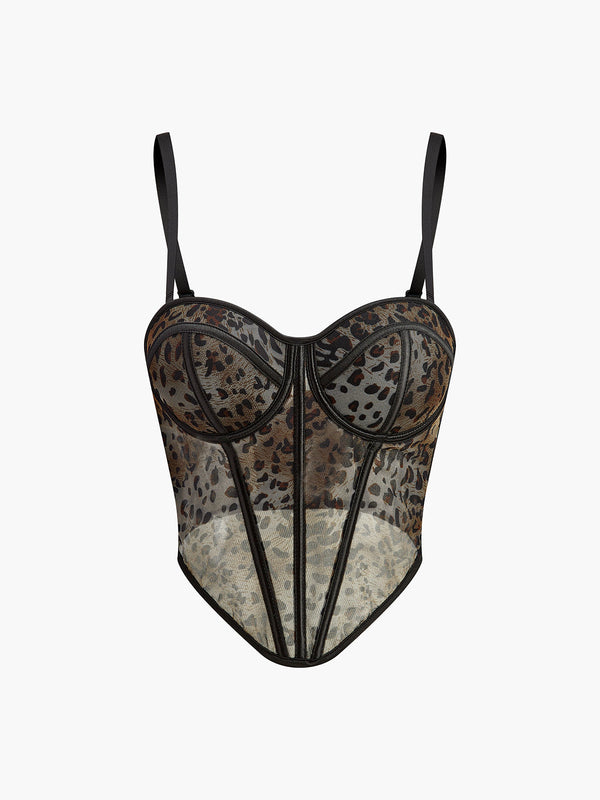 Semi-Sheer Leopard Printed Spaghetti Strap Corset