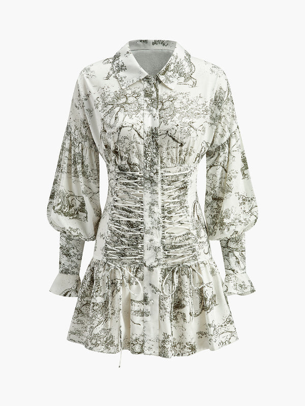 Drawstring Front Floral Puff Sleeve Dress