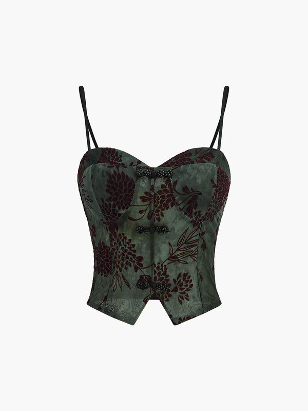 Semi-Sheer Button Detail Velvet Floral Cami Top