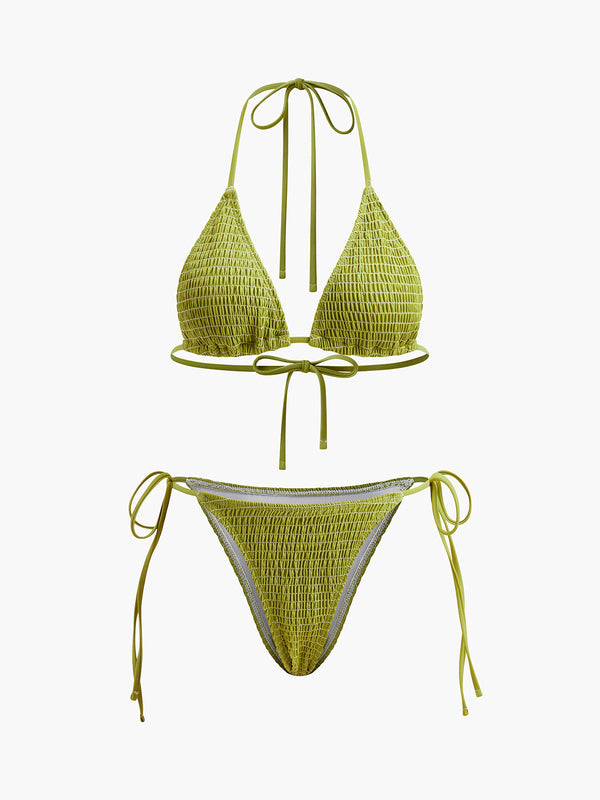 Smocked Triangle Bikini With Tie Straps