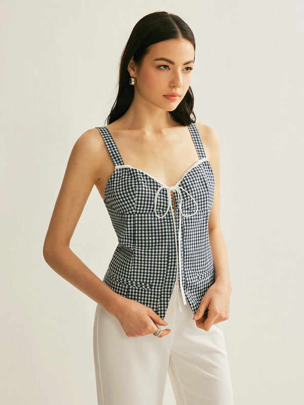 Plaid Tie-Front Sleeveless Top