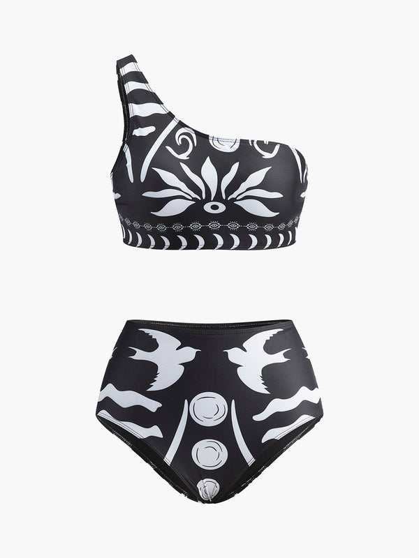 One-Shoulder Tribal Print Bikini Set