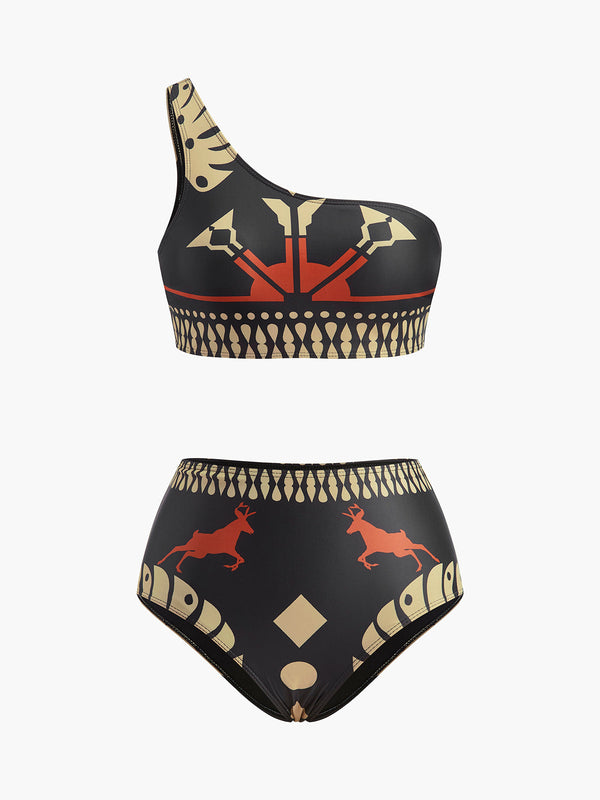 Tribal Print One-Shoulder Bikini Set