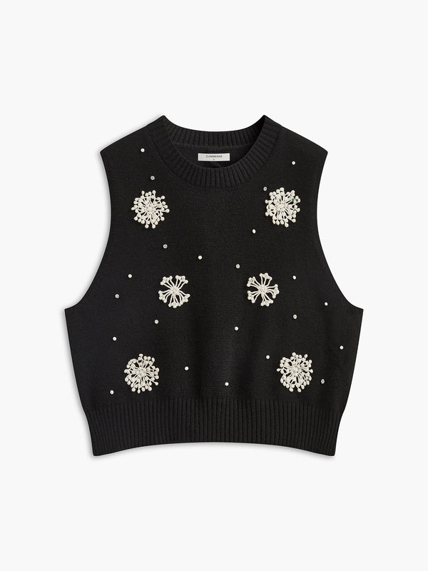 Floral Embellished Button-Back Knit Vest