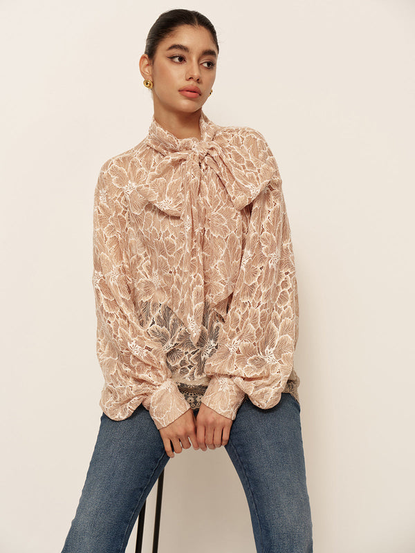 Semi-Sheer Bow-Front Lace Blouse