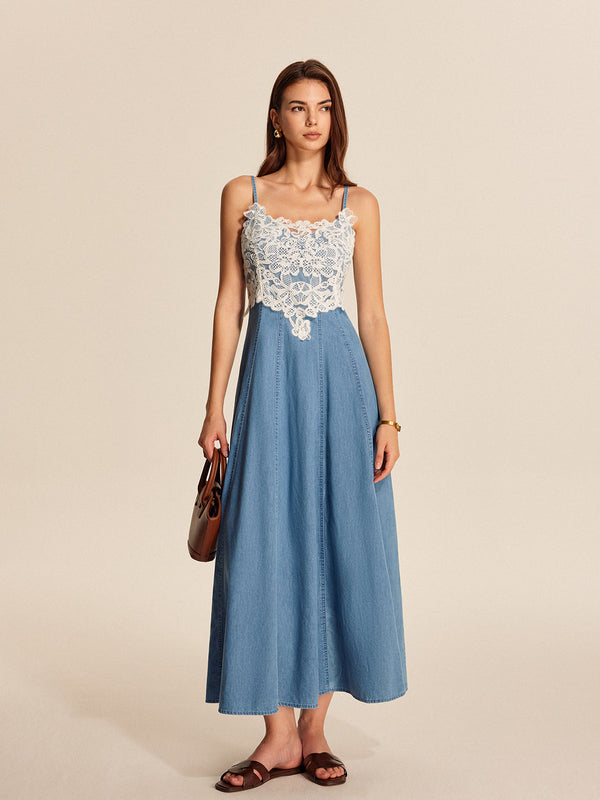 Lace Panel Denim Cami Dress