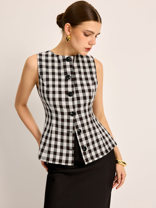 Plaid Button Back Tie Top
