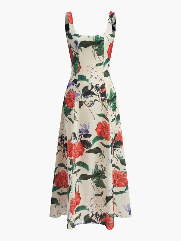 Square Neck Floral Print Zipper Dress