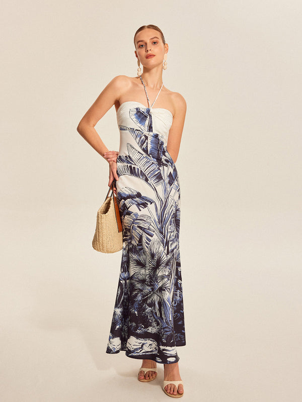 Print Tie Halter Strapless Dress