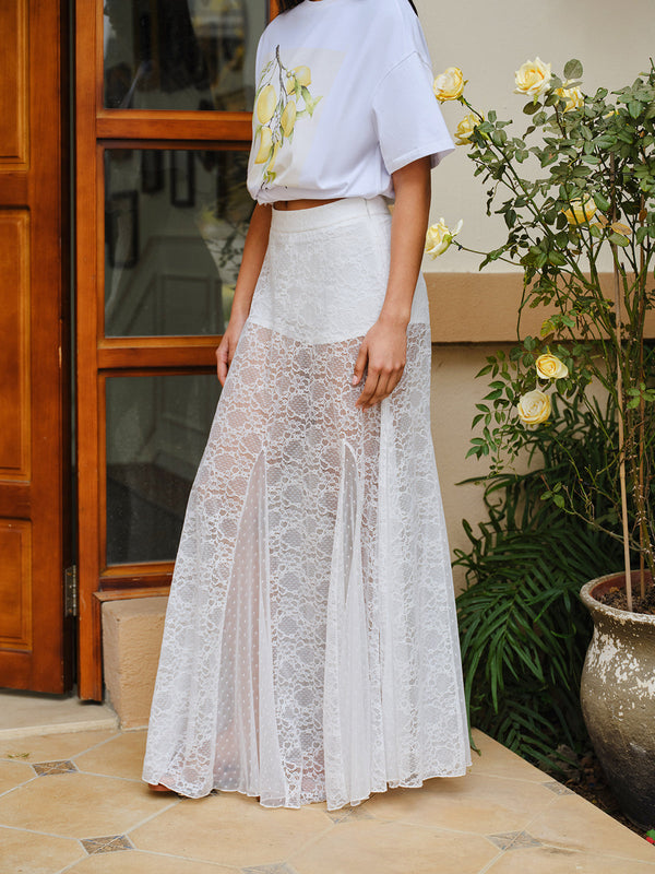 Mid-Waist Semi-Sheer Lace Skirt