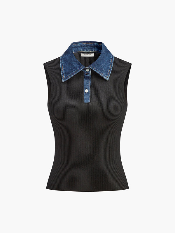 Denim Collar Ribbed Sleeveless Top