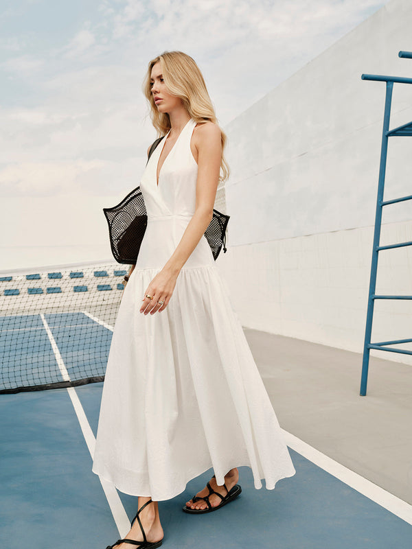 Cotton Halter V-Neck Backless Dress