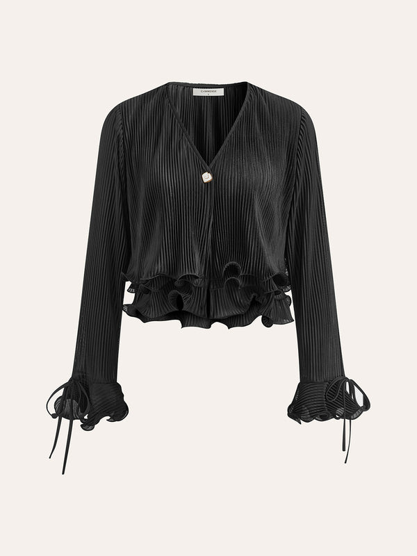 Ruffle Button Plisse Blouse