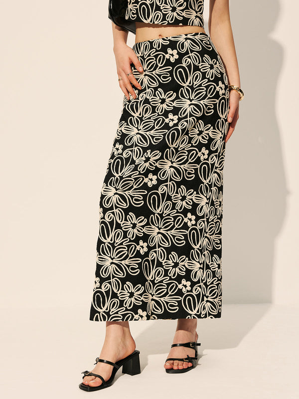 Embroidered Floral Split Skirt