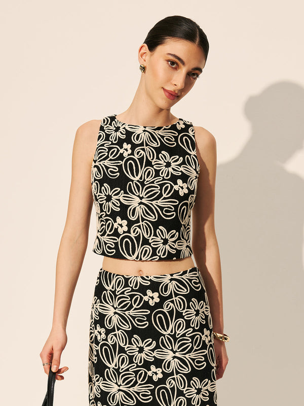 Keyhole Back Floral Embroidered Crop Top