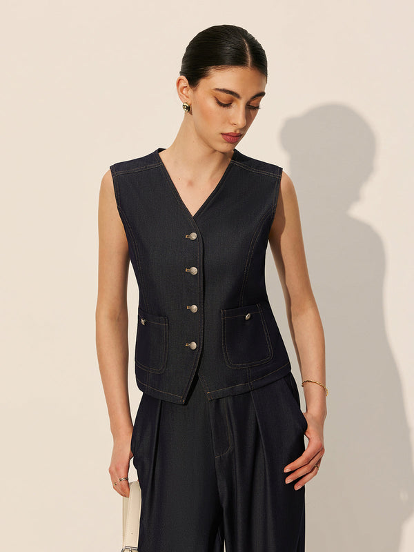Denim Pockets Buttoned Vest