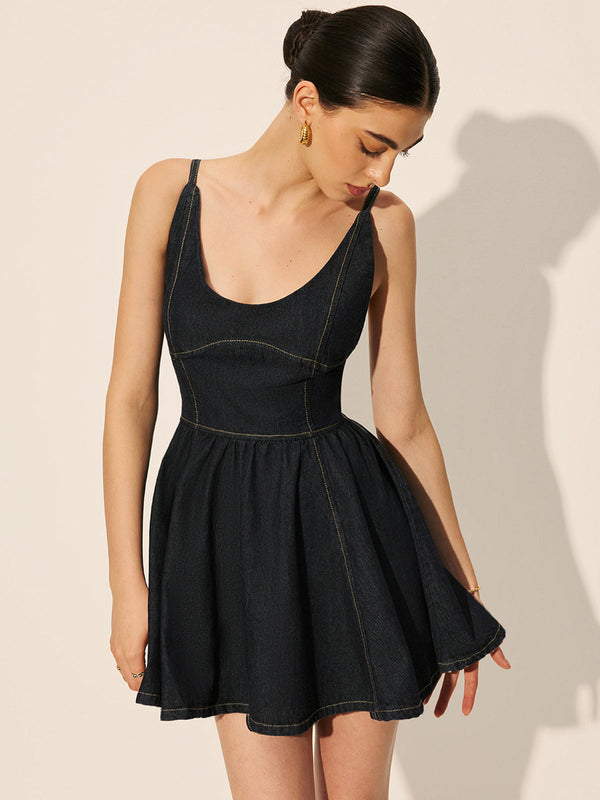 Backless Denim Flare Dress