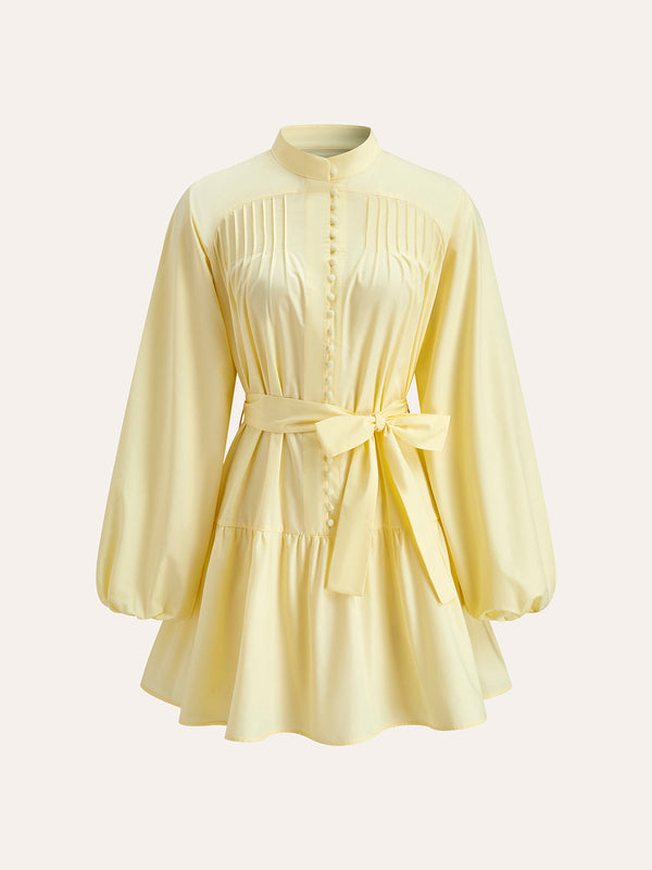 Buttoned Lantern Sleeve Belted Dress