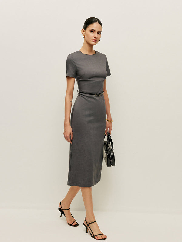 Belted Short Sleeve Pencil Dress