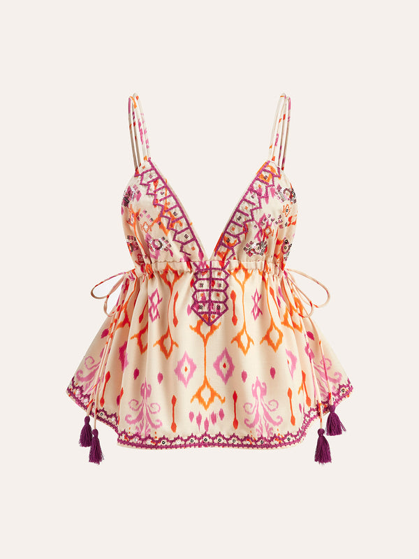 Embroidered Boho Tassel Tie Cami Top