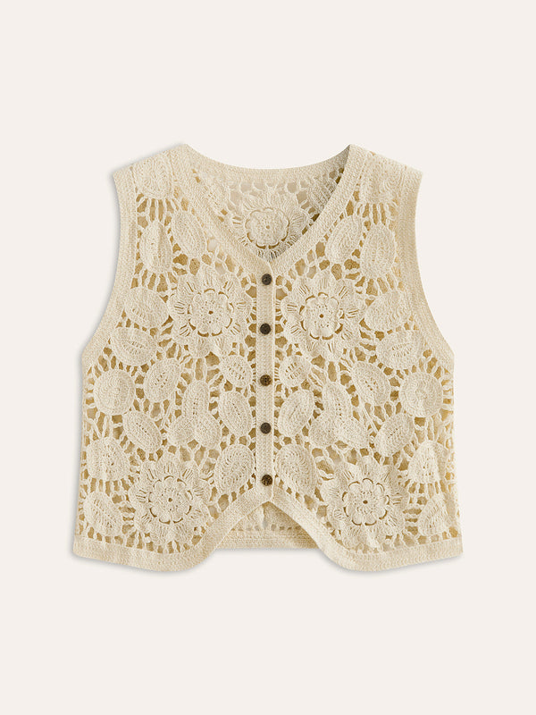 Floral Crochet Button Detail Vest