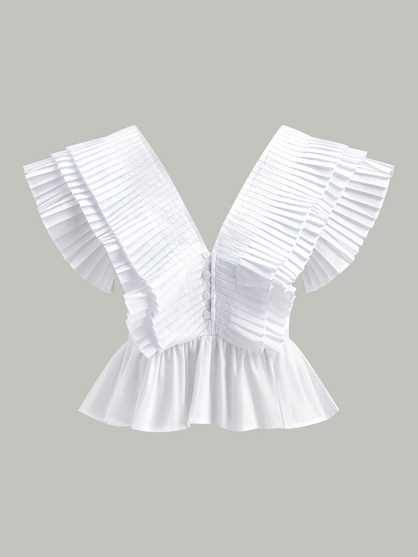 Pleated V-Neck Button-Detail Top
