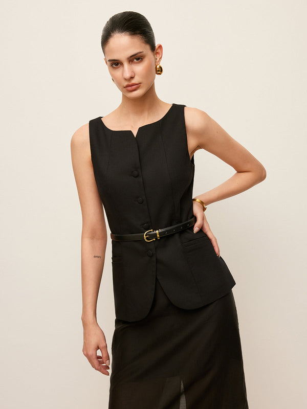 Cotton & Linen Button-Front Vest Without Belt