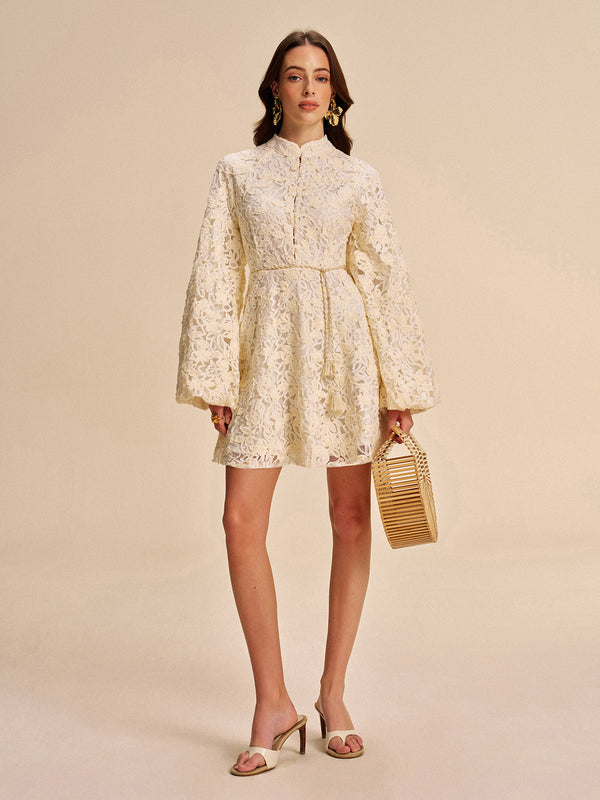 Lace Bell-Sleeve Dress With Belt