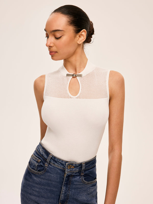 Mesh Detail Keyhole Neck Ribbed Top