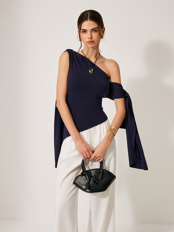 One-Shoulder Draped Tie Detail Top
