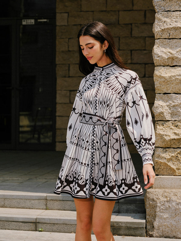 Linen Blend Long Sleeve Belted Dress