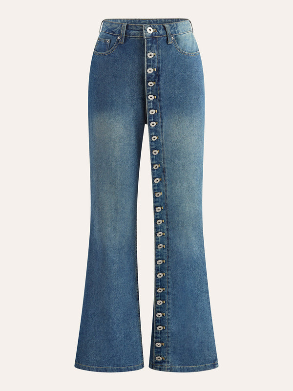 Mid-Waist Decor Button Zipper Flare Denim Jeans