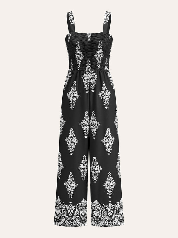 Smocked Floral Print Jumpsuit