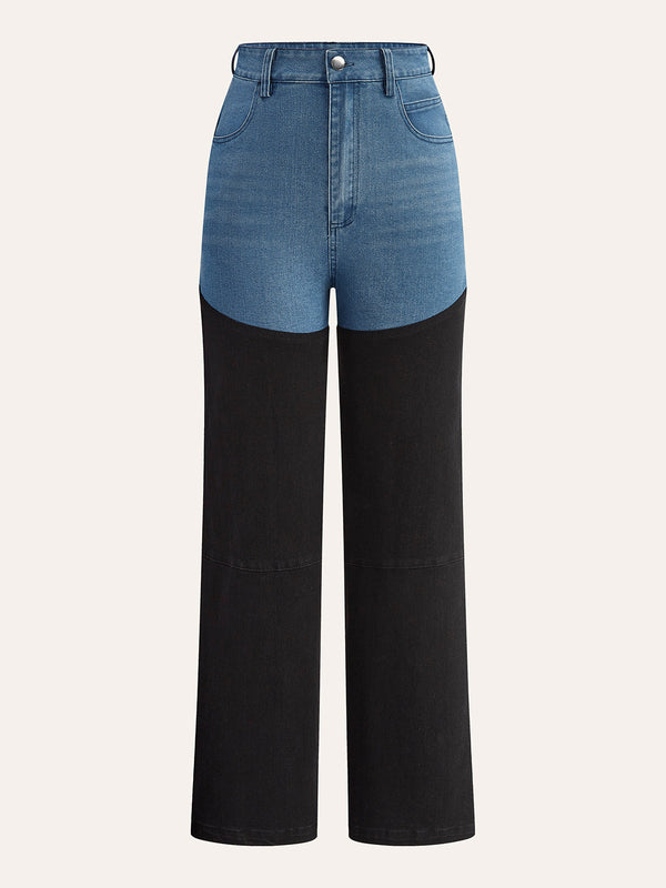 Mid-Waist Color Block Denim Pants