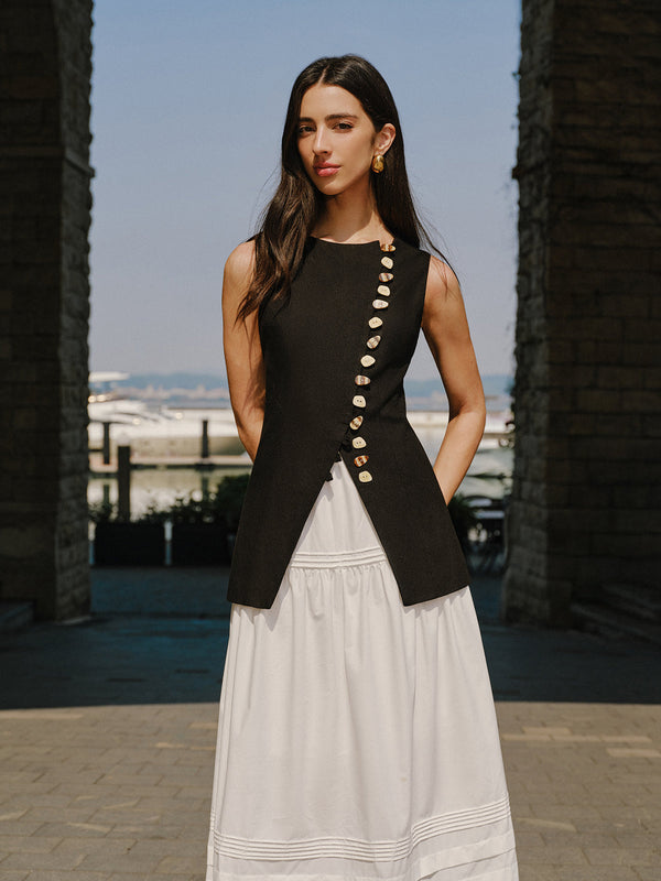 Linen Blend Button-Detail Vest