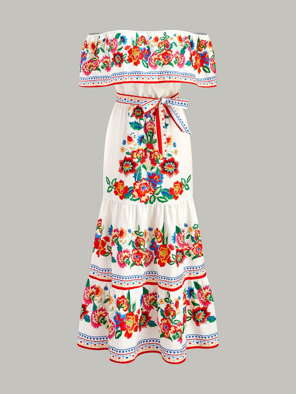 Off-Shoulder Floral Print Dress With Belt