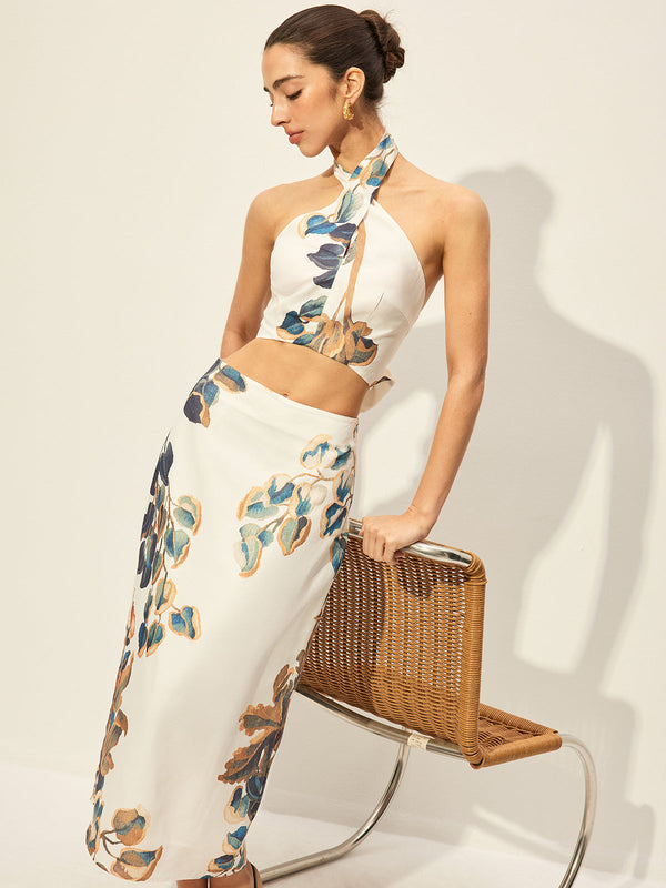 Floral Print Halter Top With Skirt Set