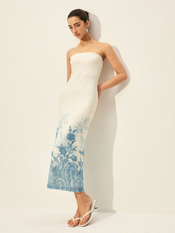 Strapless Mesh Dress With Floral Print Hem