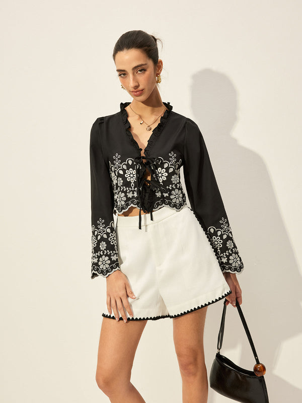 Embroidered Tie-Front Top