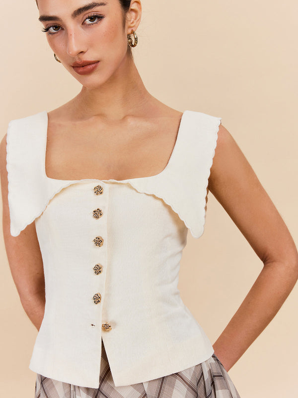 Cotton & Linen Scalloped Collar Buttoned Top
