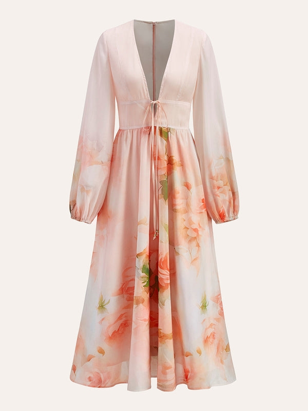 Semi-Sheer Balloon Sleeve Floral Dress With Tie Detail