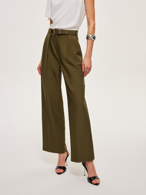 Mid-Waist Belted Straight-Leg Pants