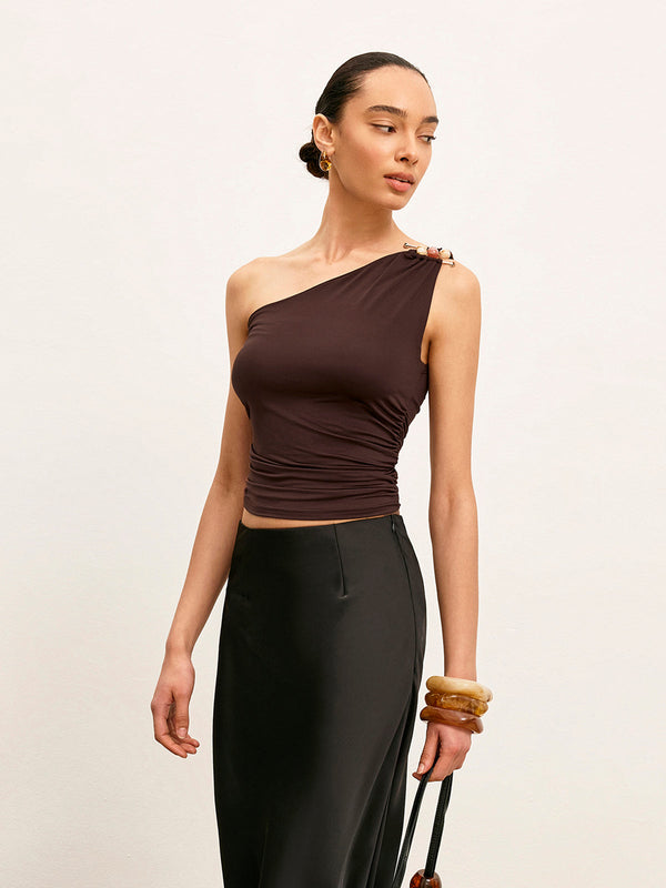One-Shoulder Metal Detail Ruched Top